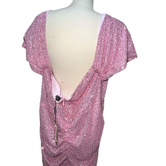 Pretty Little Thing Pink Sequin Ruched Mini Dress Open Back Sz 22 Womens - Picture 13 of 16
